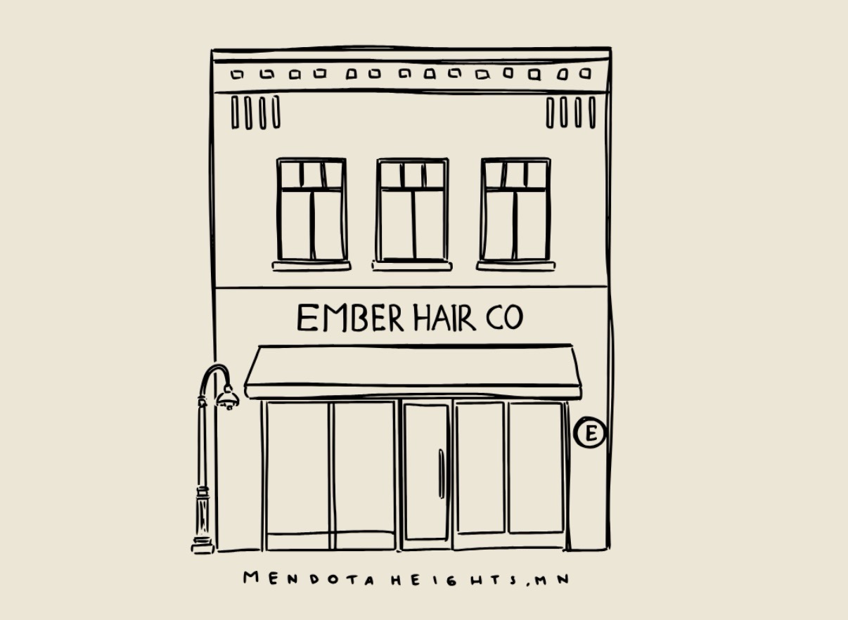 Hand-drawn illustration of the Ember Hair Co. storefront: a two-story brick building with an awning, large front windows, and the salon's name above the door.